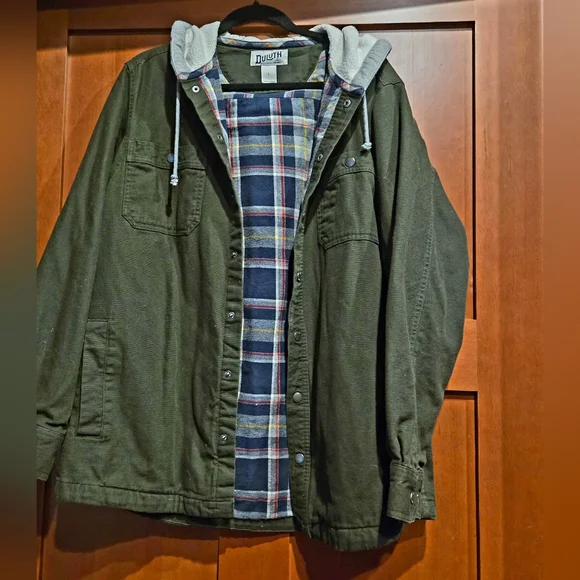 Duluth Trading Co Green Hooded Jacket with Plaid Interior - Picture 1 of 4